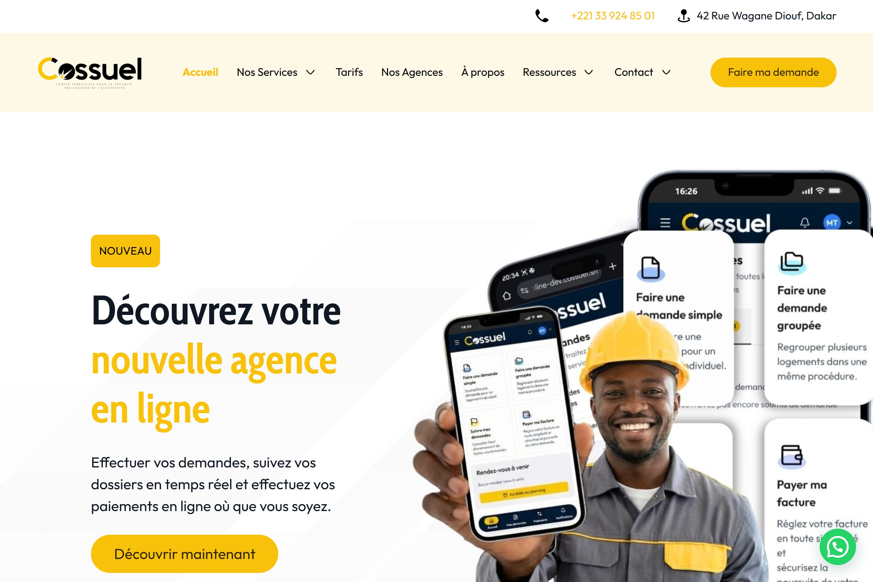 Site institutionnel COSSUEL conçu par SMS Agency : navigation et accès à l’agence en ligne.