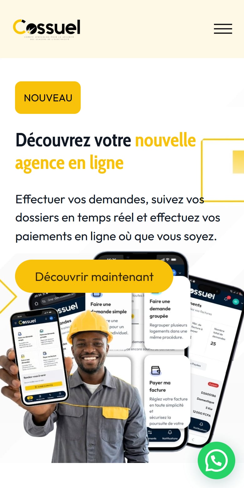 Version mobile du site COSSUEL : introduction et accès aux démarches en ligne.