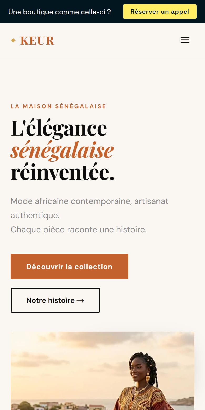 KEUR : accueil mobile de la boutique de mode sénégalaise.