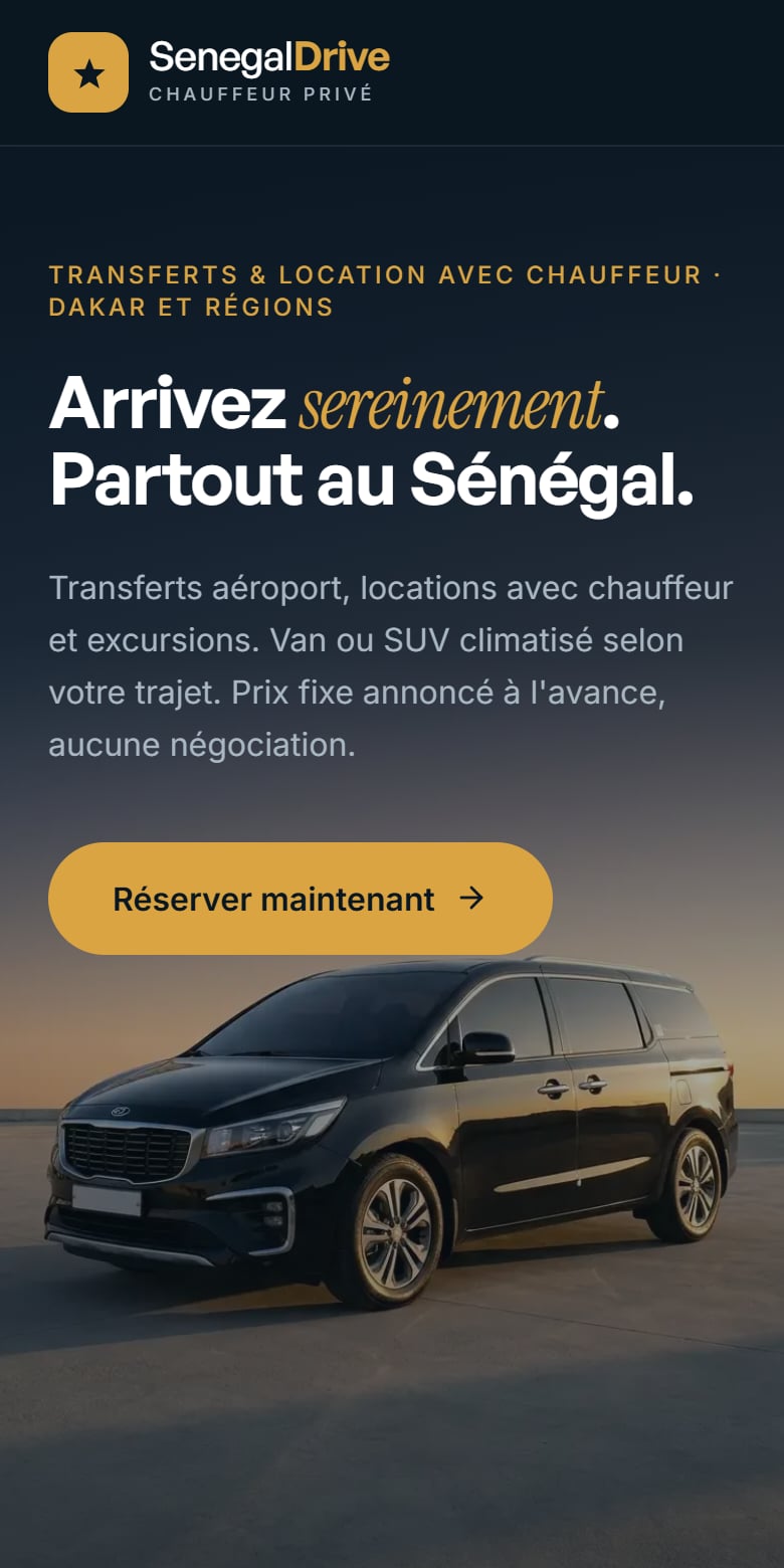 SenegalDrive sur mobile : location avec chauffeur, transferts et bouton Réserver mon trajet.