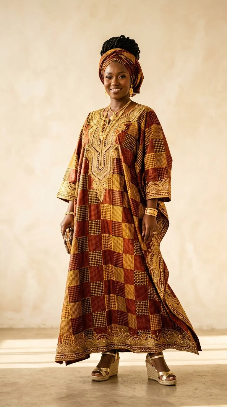 Elegant Senegalese boubou dress in rich terracotta and gold wax print damier pattern, worn by a confident Senegalese woman in her 30s, soft studio lighting, cream background, full body shot, fashion editorial style, warm golden tones