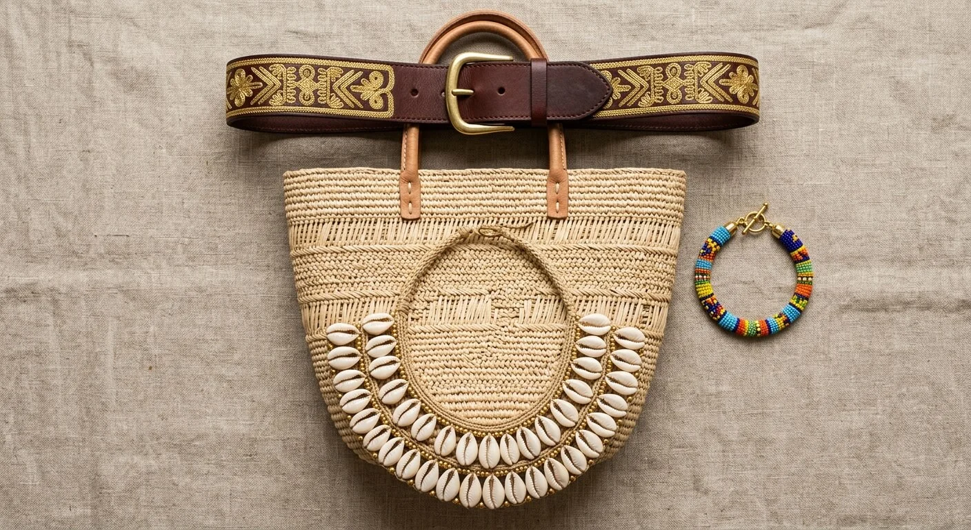 Flat lay of luxury African accessories: handwoven raffia bag, gold embroidered leather belt, cowrie shell necklace, colorful glass bead bracelet, overhead photography on linen background