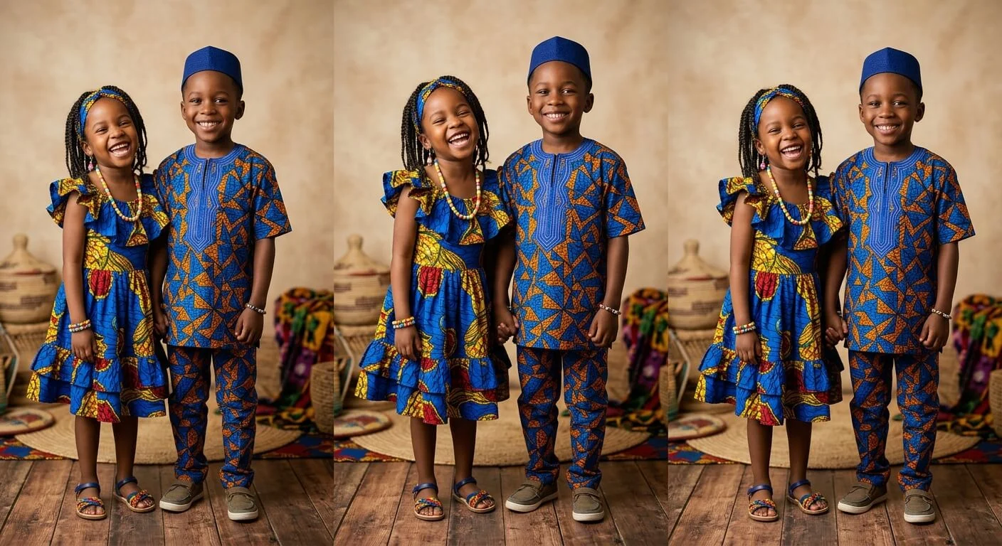 Adorable Senegalese children in colorful traditional African wax print outfits, boy and girl, smiling and joyful, warm studio light, family fashion photography
