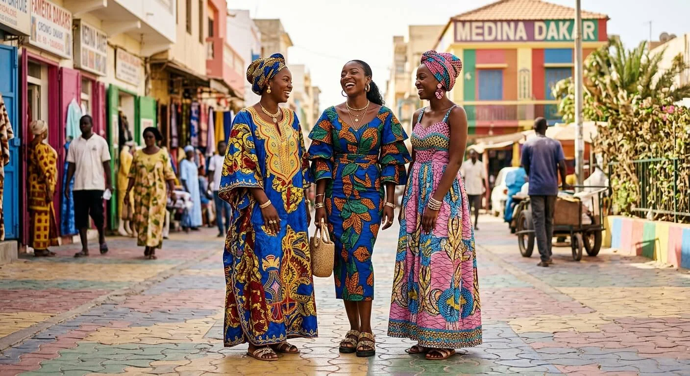 Senegalese women in vibrant colorful wax print boubous and modern African dresses, group of three, joyful and elegant, natural light, editorial fashion photography in Dakar
