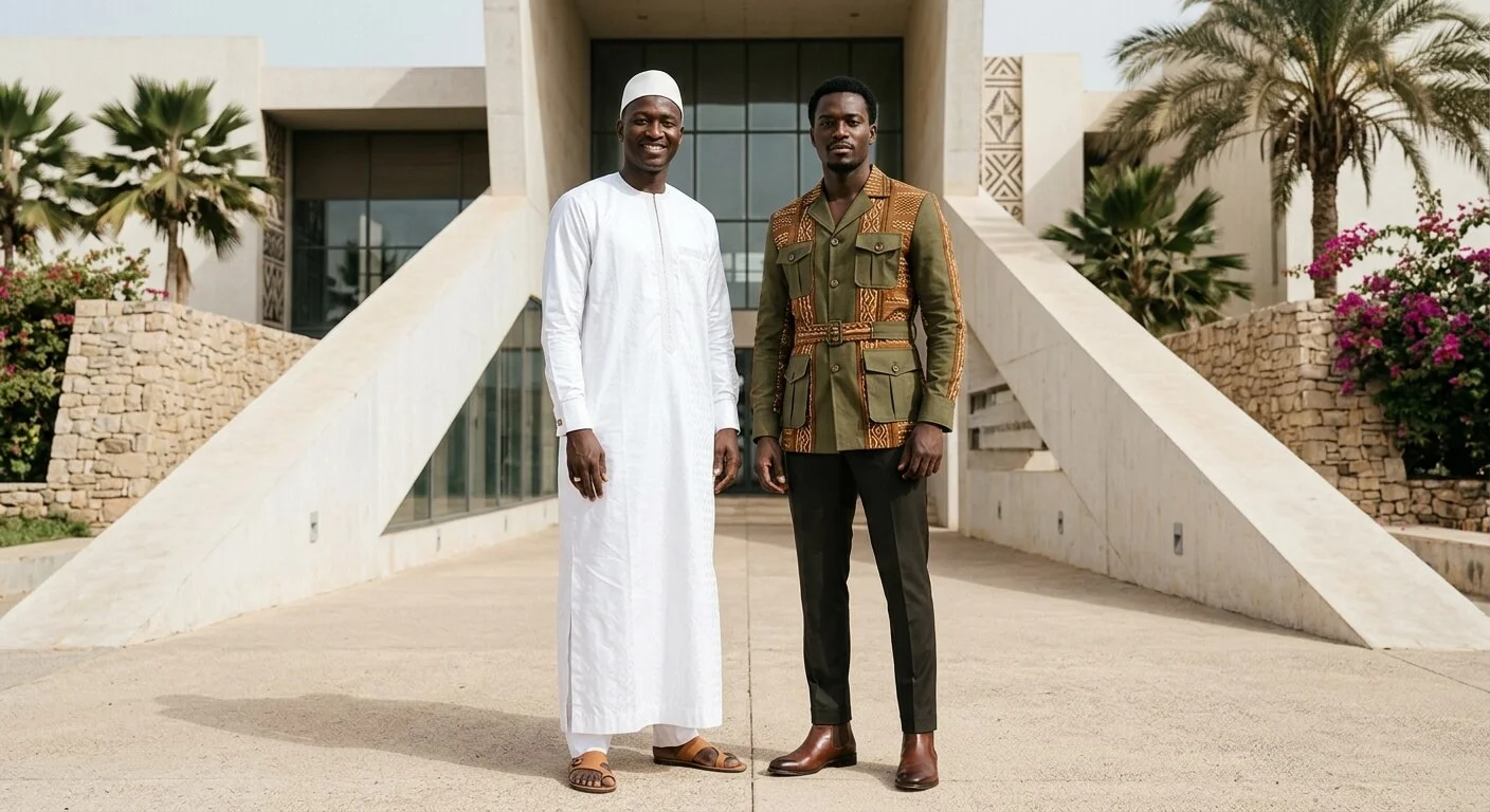 Senegalese men in traditional white grand boubou and modern African safari suit, two men, dignified and confident, architectural background, editorial fashion photography