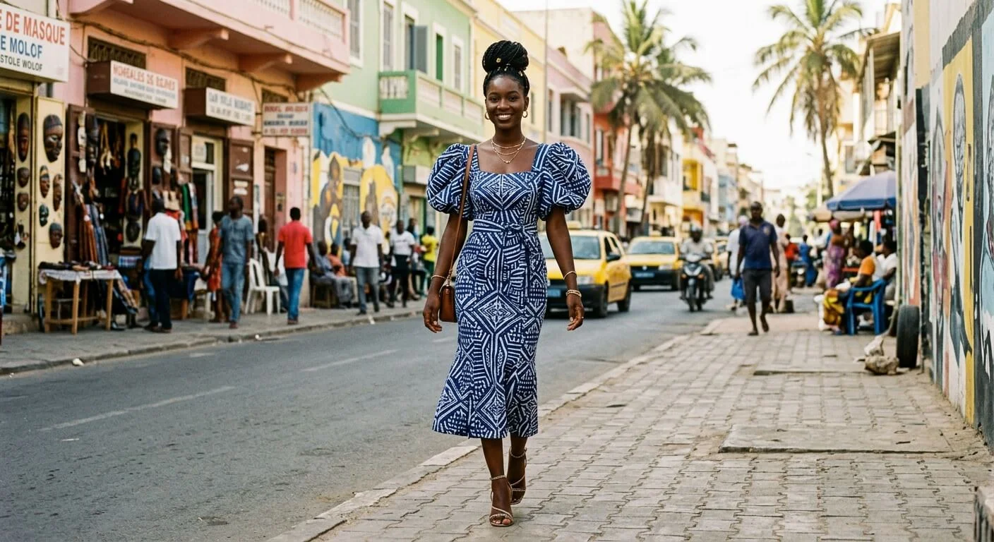 Modern Ankara print dress in indigo blue and white geometric pattern, fitted silhouette with puff sleeves, worn by a stylish young Senegalese woman, urban Dakar background, natural daylight, contemporary African fashion editorial photography
