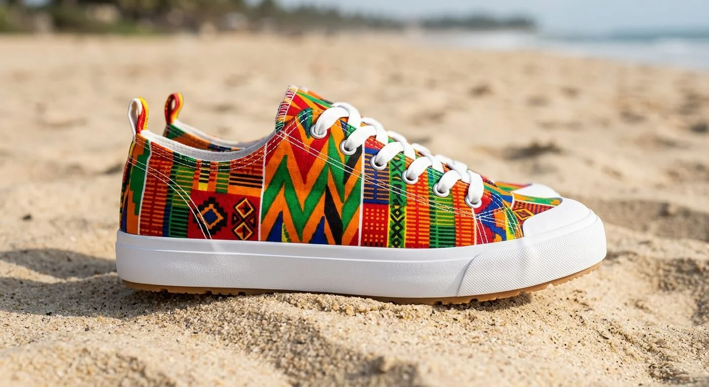 Colorful West African wax print canvas sneakers, vibrant Kente-inspired geometric pattern in red orange green yellow, clean white sole, product photography on sand texture background, high detail, side view