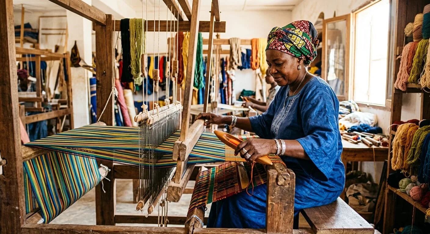 Senegalese artisan woman weaving fabric by hand on traditional loom, bright Dakar workshop, warm natural light, documentary photography, detailed handcraft technique, woman in her 50s with colorful head wrap, woven threads visible