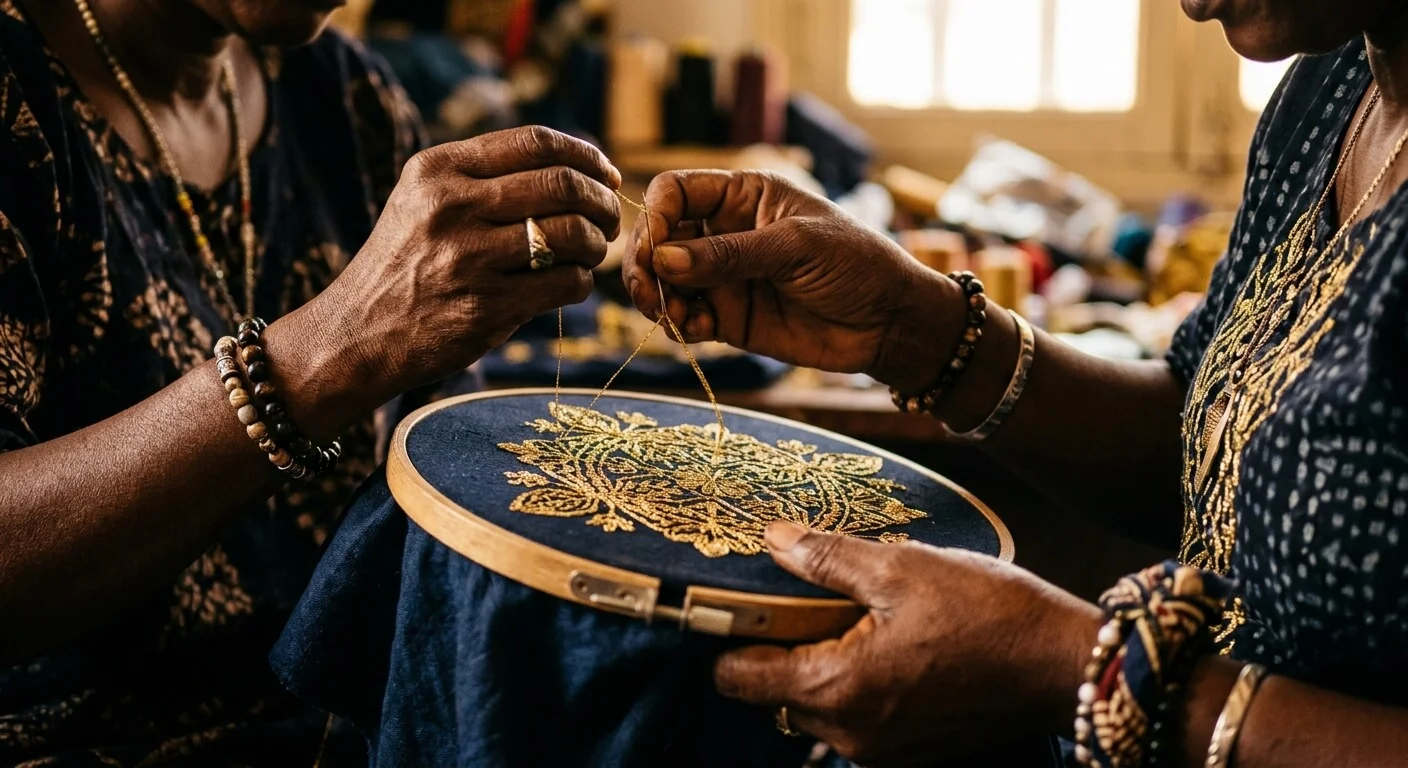 Close-up of Senegalese woman hands doing intricate gold embroidery on dark fabric, needle and thread, detailed artisan work, warm macro photography, traditional craft, golden light