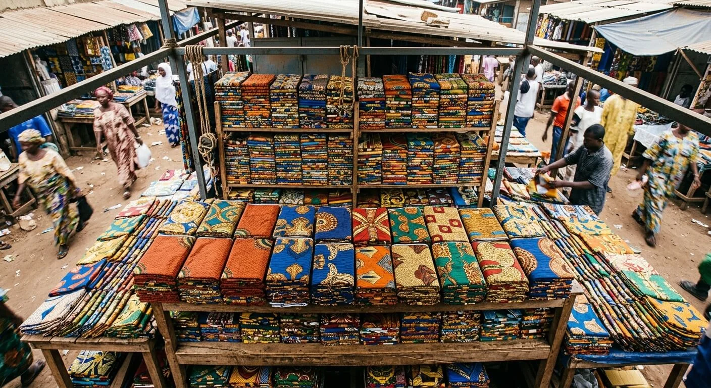 Rows of colorful wax African print fabrics neatly folded in a Dakar market stall, vibrant colors including terracotta indigo gold green, overhead shot, saturated colors, documentary photography